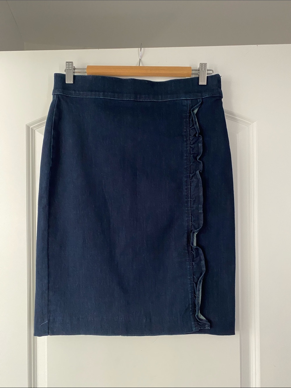 Ann Taylor Dark Blue Denim Pencil Skirt with Side Ruffle